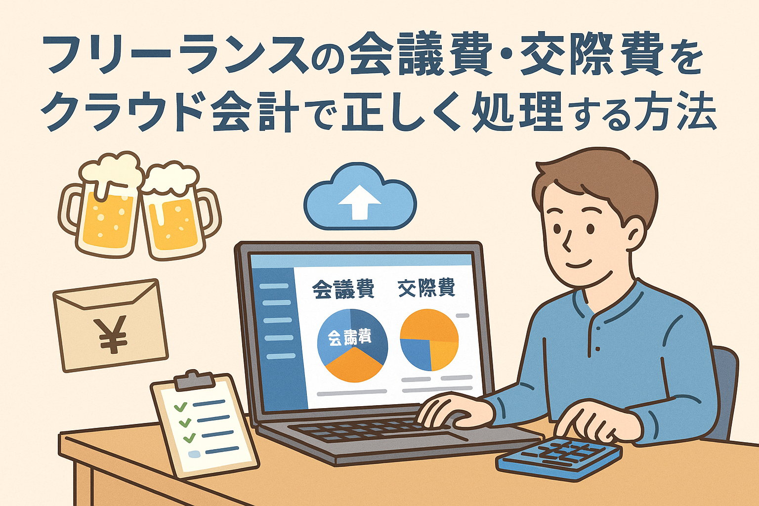 フリーランスがクラウド会計を使って会議費・交際費を正しく処理する様子を描いたイラスト
