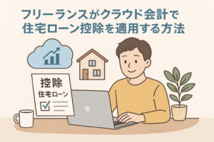 フリーランスがクラウド会計を使って住宅ローン控除を申告する様子を描いたイラスト