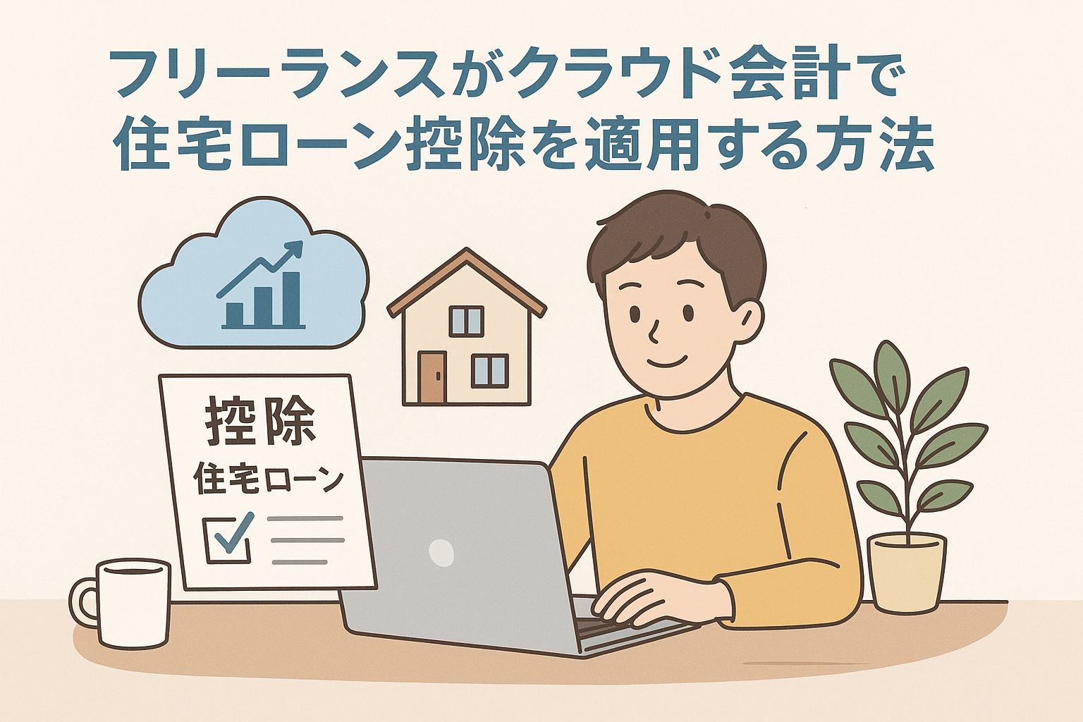 フリーランスがクラウド会計を使って住宅ローン控除を申告する様子を描いたイラスト