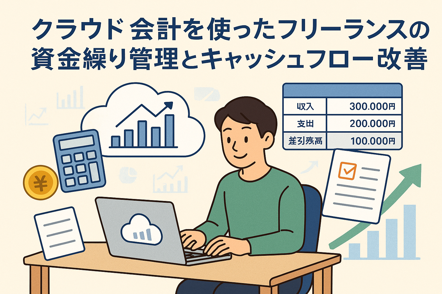 クラウド会計を活用してフリーランスが資金繰り管理とキャッシュフロー改善を行う様子を描いたイラスト