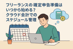 フリーランスの確定申告準備とクラウド会計でのスケジュール管理をイメージしたイラスト。パソコンとカレンダーを使う男性の姿。