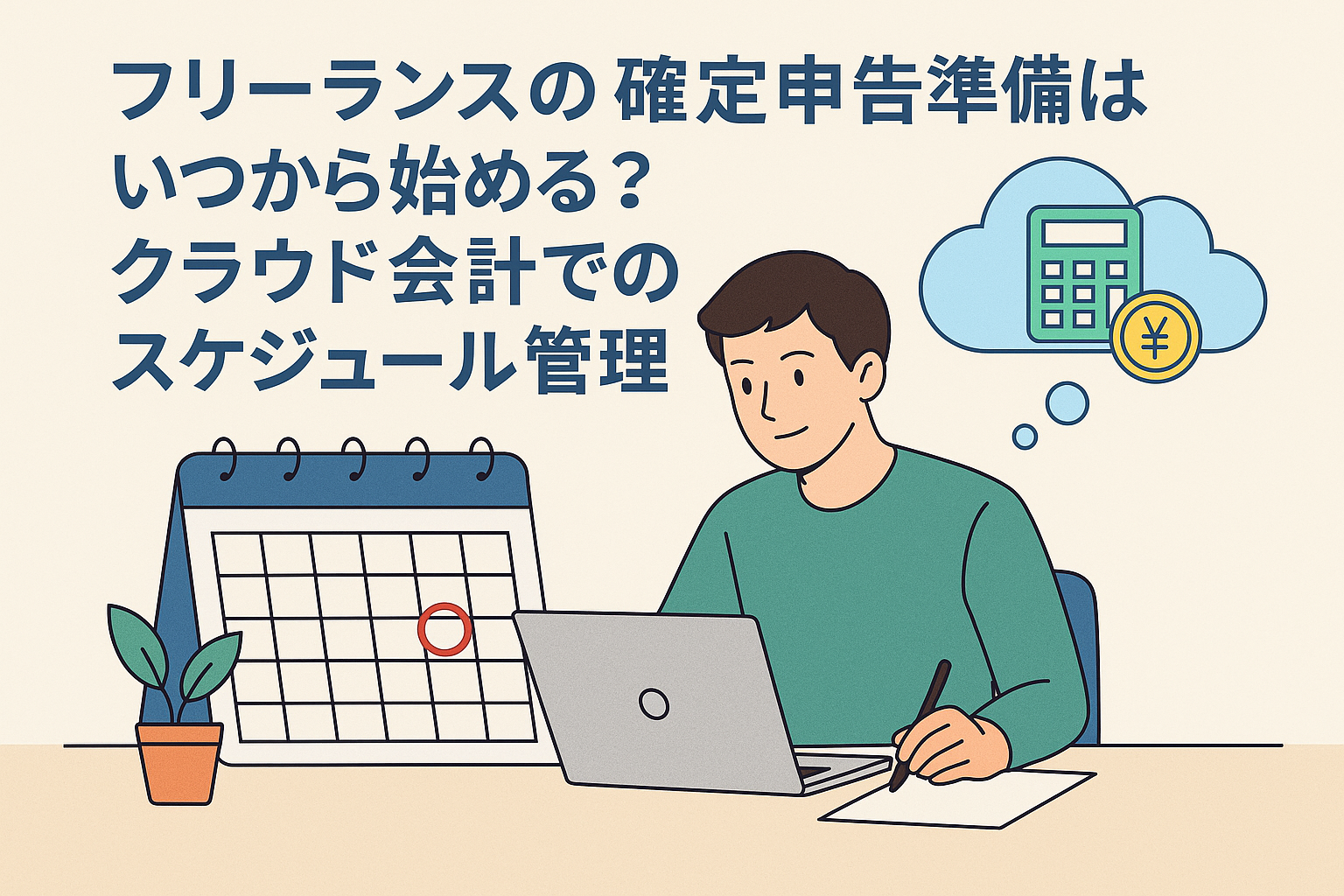 フリーランスの確定申告準備とクラウド会計でのスケジュール管理をイメージしたイラスト。パソコンとカレンダーを使う男性の姿。