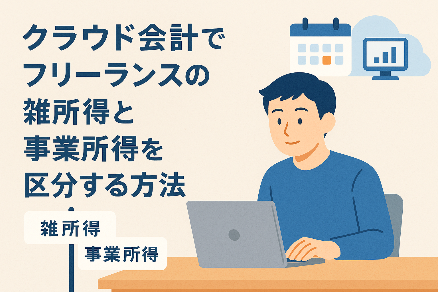 クラウド会計を使ってフリーランスの雑所得と事業所得を区分する方法を表現したイラスト。パソコンで作業する男性と区分を示す看板が描かれている。