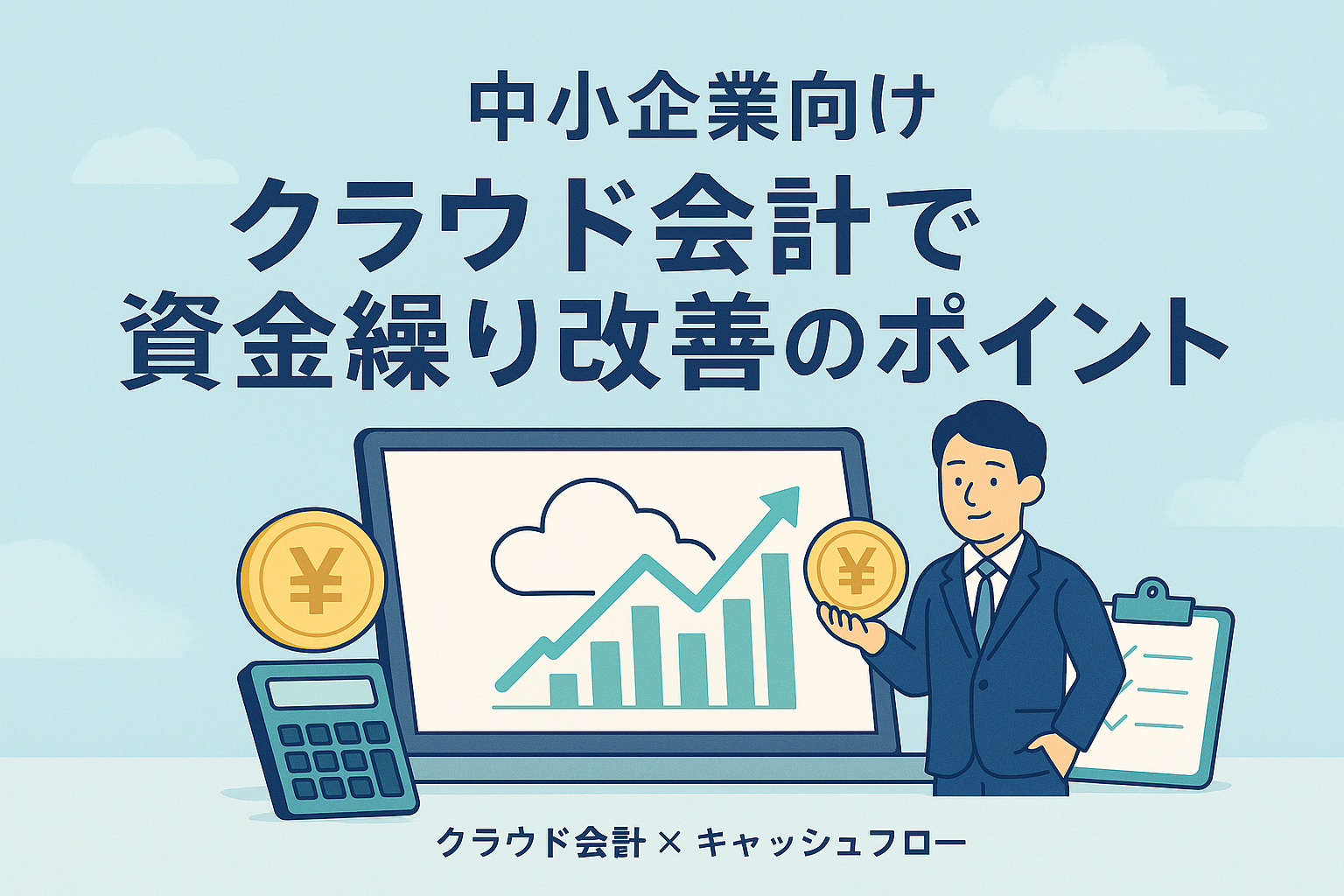 中小企業向けに、クラウド会計で資金繰りを改善するポイントを示すアイキャッチ。薄いブルー基調の背景に、上向きグラフ・ノートPC・電卓・円コイン・ビジネスパーソンを配置し、見出しを日本語で大きく可読配置。