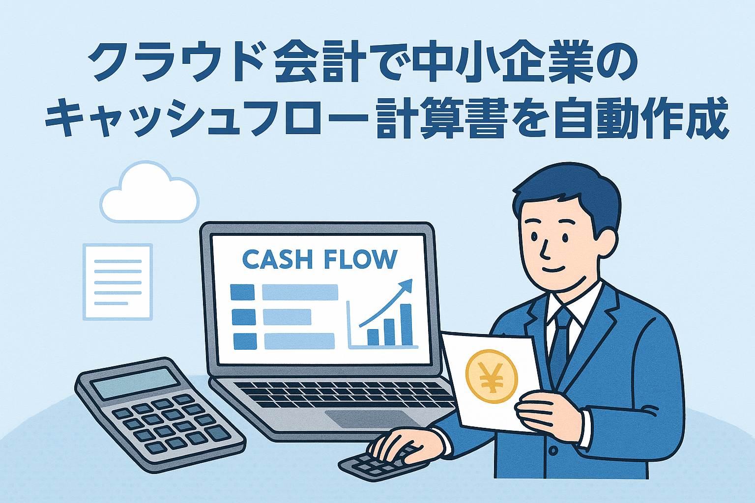クラウド会計で中小企業のキャッシュフロー計算書を自動作成する様子を描いたイラスト。パソコン画面に「CASH FLOW」とグラフが表示され、ビジネスマンが円マークの資料を持っている。
