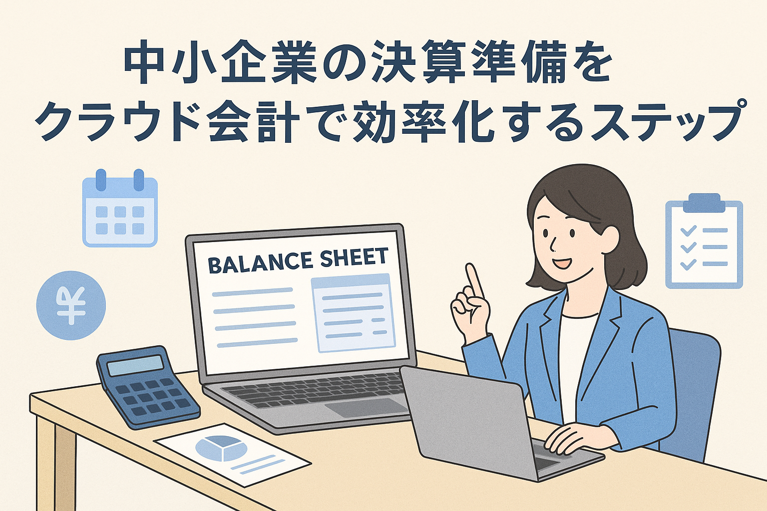 中小企業の決算準備をクラウド会計で効率化するステップを表現したアイキャッチ。女性がノートPCを操作し、バランスシートや電卓、カレンダー、チェックリストのアイコンが描かれた親しみやすいイラスト。