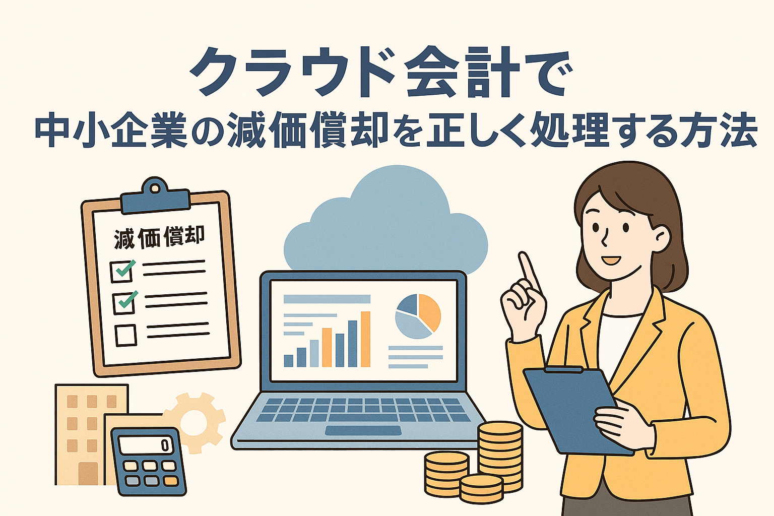 クラウド会計を活用して中小企業の減価償却を正しく処理する方法を解説するイラスト。女性経営者、ノートPC、チェックリスト、コイン、クラウドのアイコンが描かれている。