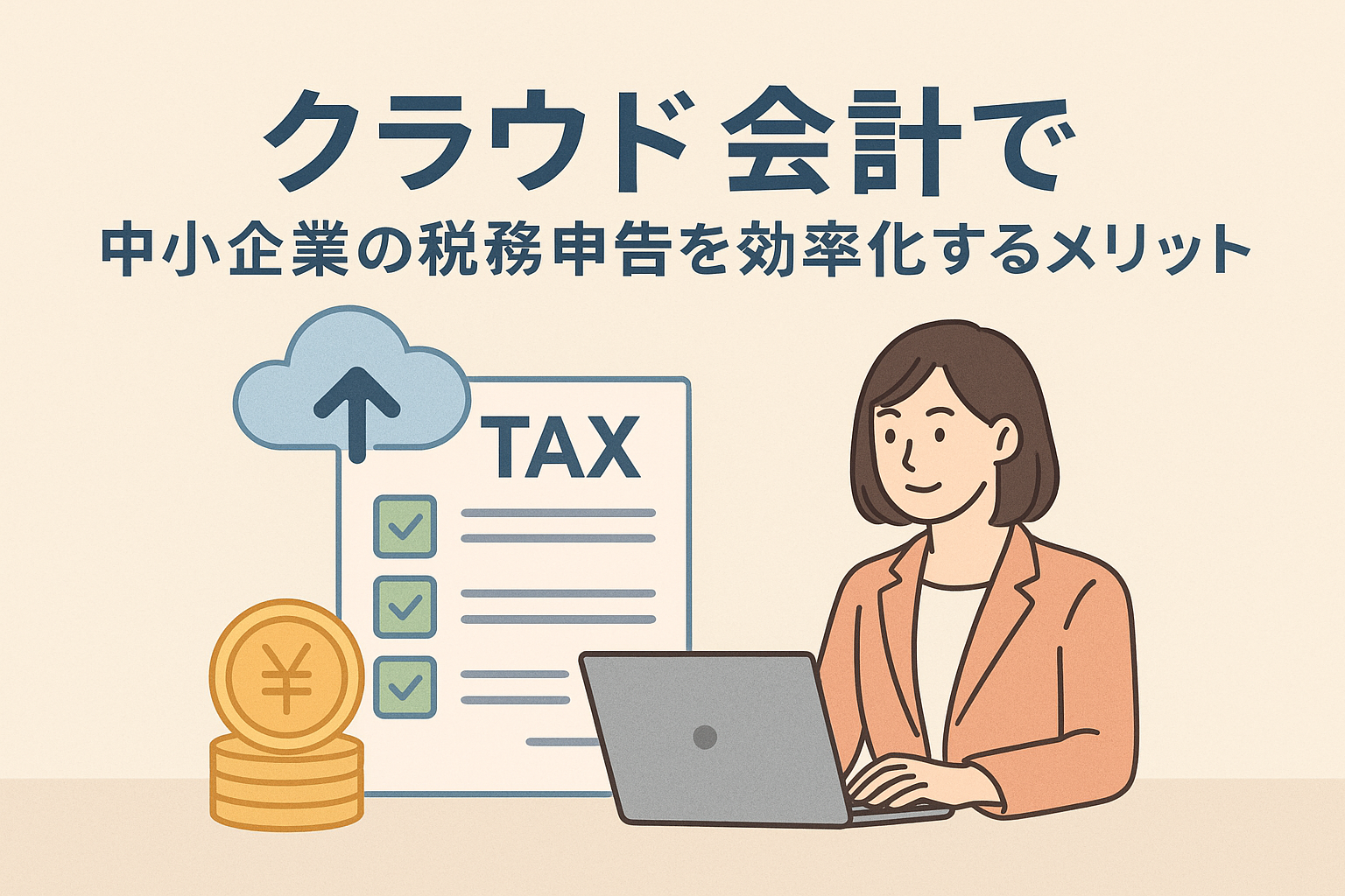 クラウド会計を活用して中小企業の税務申告を効率化する様子を表現したイラスト。ノートPC、クラウド、チェックリスト、コインが描かれている。