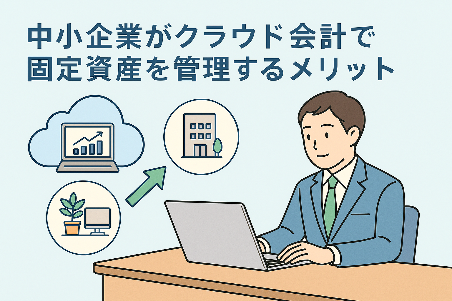 クラウド会計を使って中小企業が固定資産を管理するイメージイラスト。ノートPCとクラウド、建物やパソコンなどの資産を示す図が描かれている。