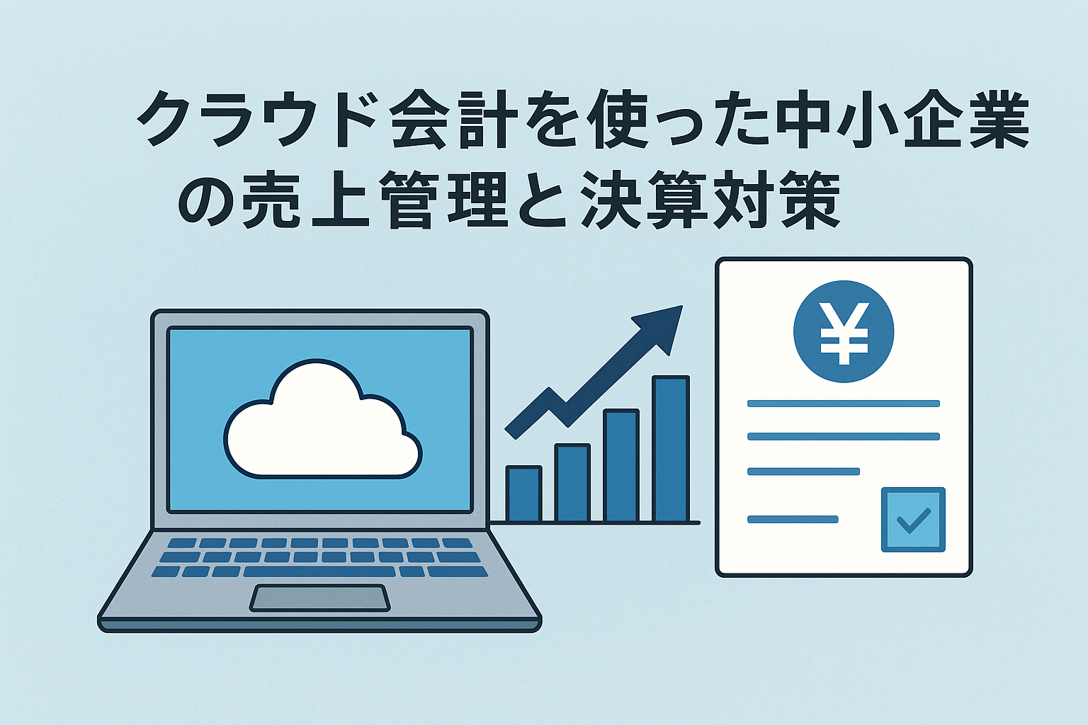 クラウド会計を活用して中小企業が売上管理と決算対策を行うイメージ。ノートPC、クラウドアイコン、売上グラフ、帳票が描かれたイラスト。