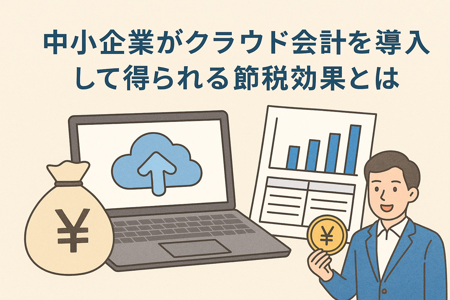 中小企業がクラウド会計を導入して節税効果を得る様子を描いたイラスト。ノートPC、クラウドアイコン、グラフ、円マークのコインを持つ人物が描かれている。