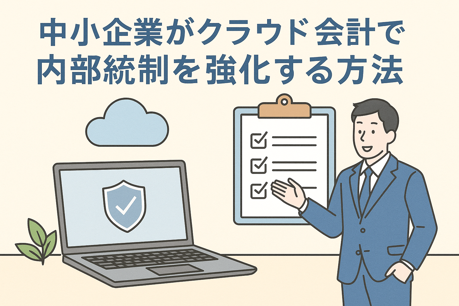 中小企業がクラウド会計を活用して部門別会計を導入するメリットを表現したイラスト。グラフ、円チャート、クラウドとパソコンを組み合わせたデザイン。
