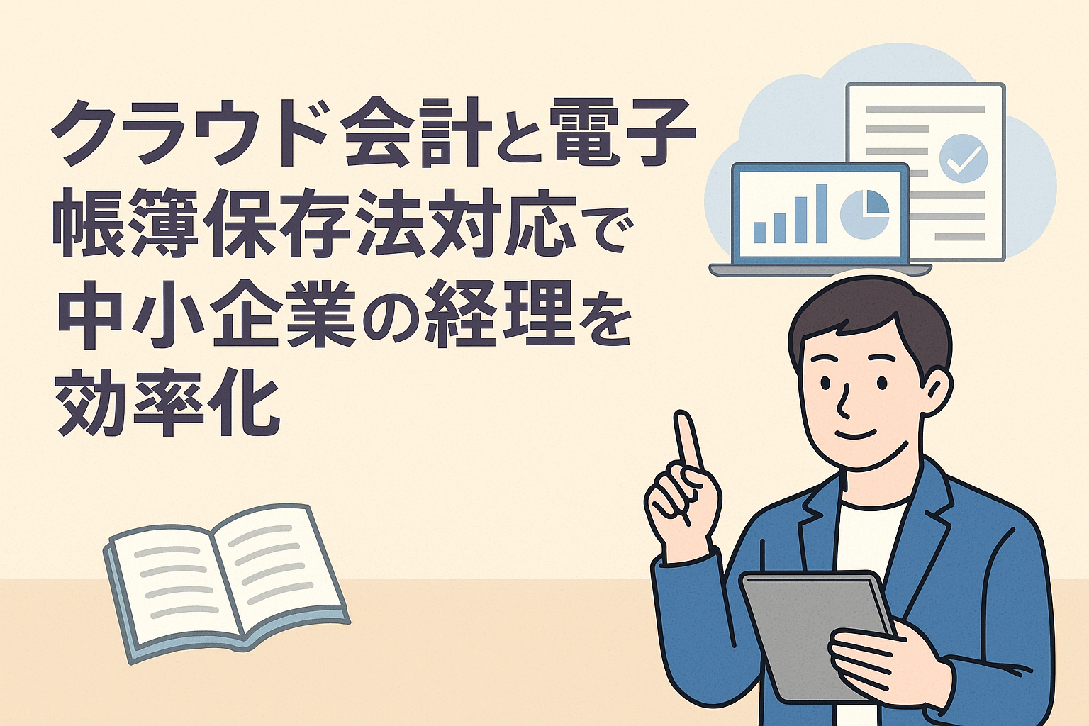 クラウド会計と電子帳簿保存法に対応し、中小企業が経理を効率化しているイメージ。クラウド上の帳簿、ノートパソコン、電子文書のアイコンを組み合わせたイラスト。