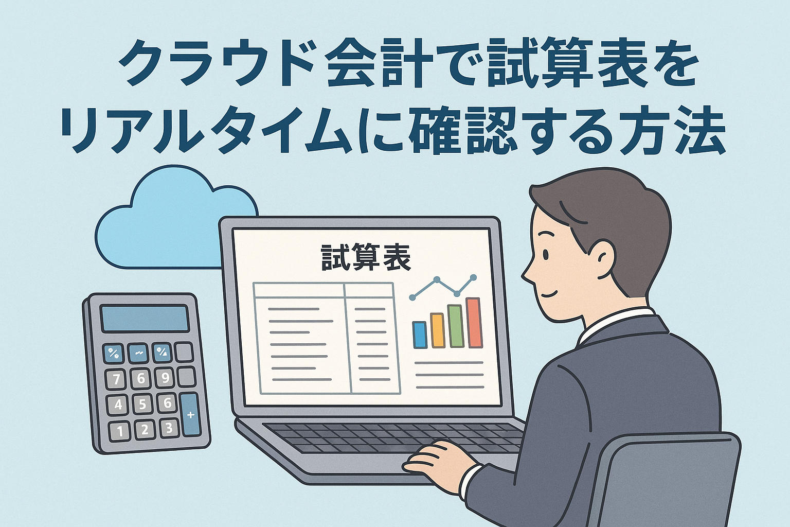 クラウド会計を使い、中小企業の担当者がノートPCで試算表をリアルタイムに確認しているイラスト。画面に試算表とグラフ、背景にクラウドアイコン。