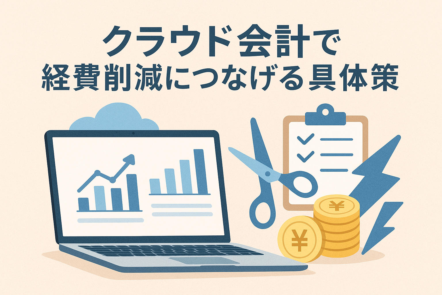 クラウド会計を使って中小企業が経費削減に取り組む様子を表現したイラスト。ノートPCのダッシュボード、チェックリスト、はさみ、円マークのコインを配置し、日本語見出し入り。
