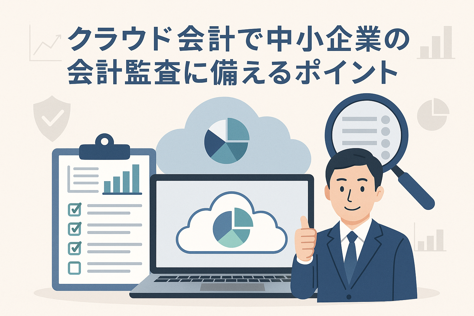 クラウド会計を活用して中小企業が会計監査に備える様子を表現したイラスト。パソコン、チェックリスト、クラウドアイコン、監査を象徴するルーペとスーツ姿の人物を配置。
