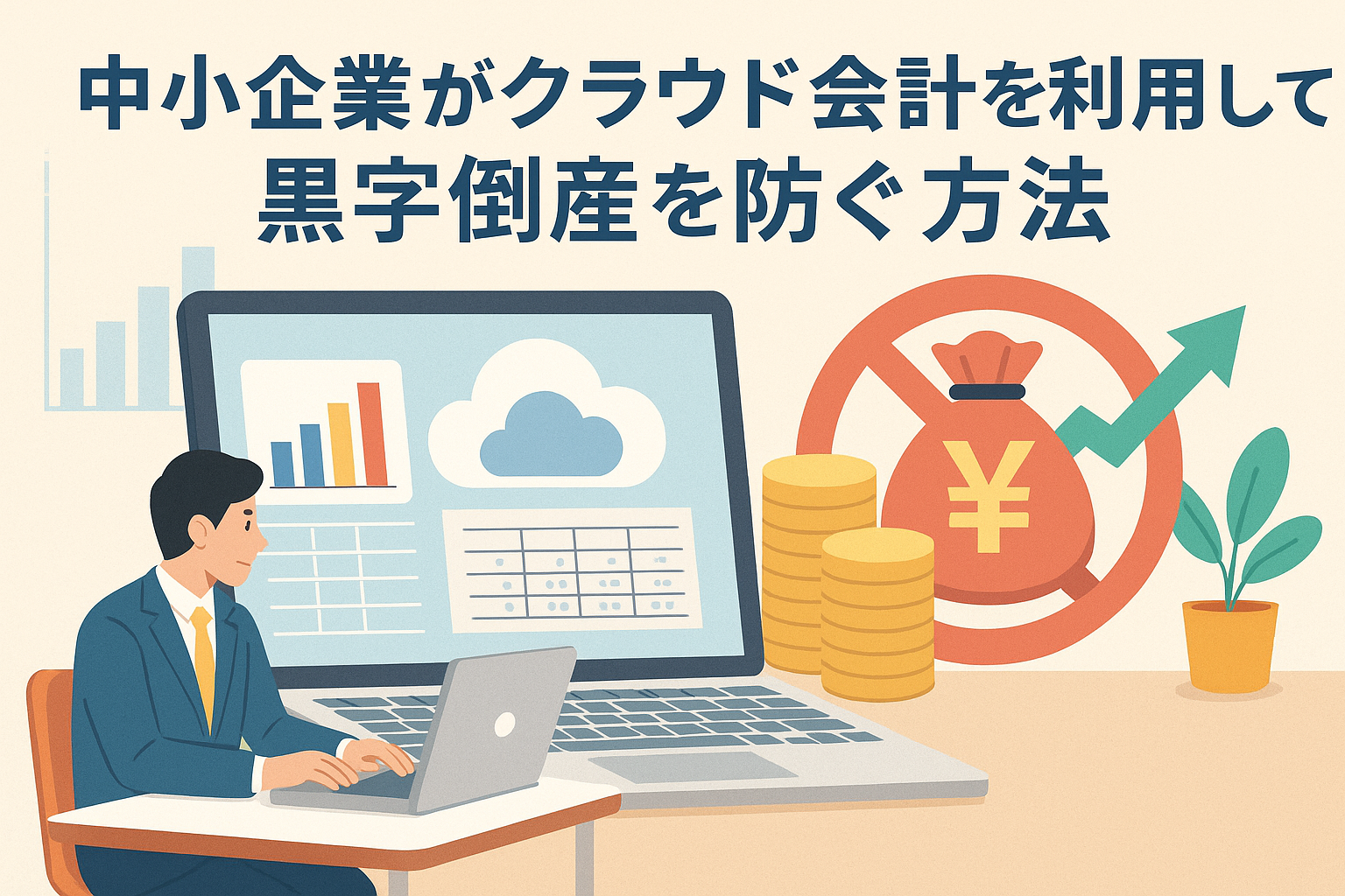中小企業がクラウド会計を利用して黒字倒産を防ぐ方法を表現したイラスト。パソコン画面にクラウドとグラフ、資金アイコン、成長を示す矢印を配置。