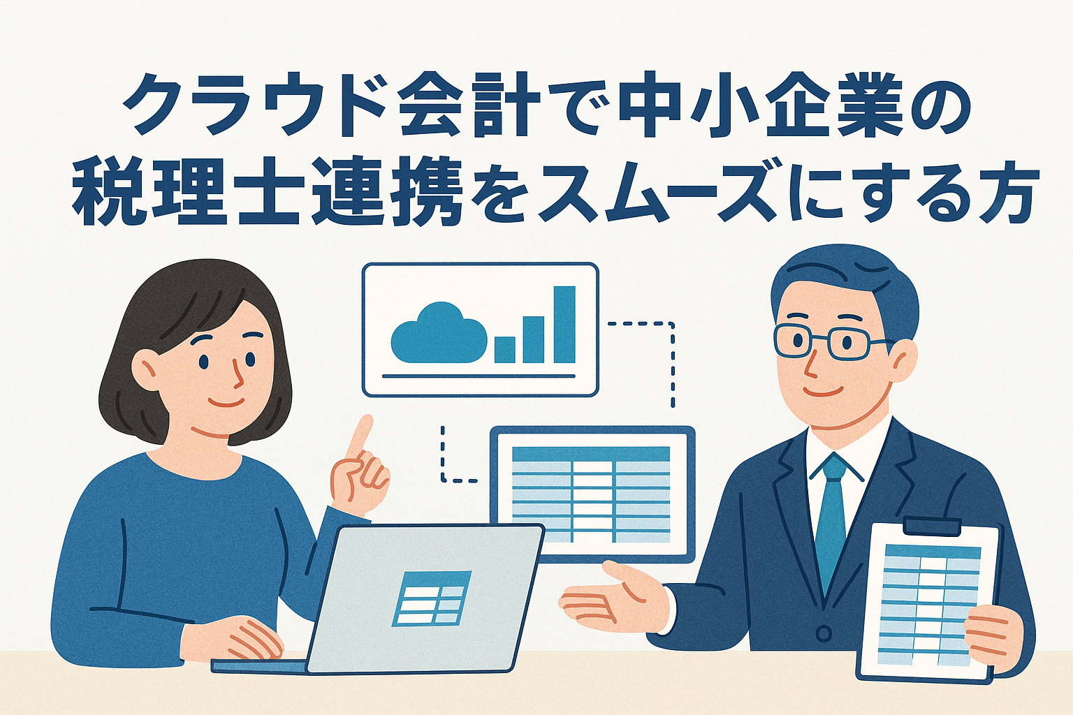 クラウド会計を利用して中小企業が税理士とスムーズに連携する様子を表現したイラスト。経営者と税理士がクラウド上でデータを共有している。
