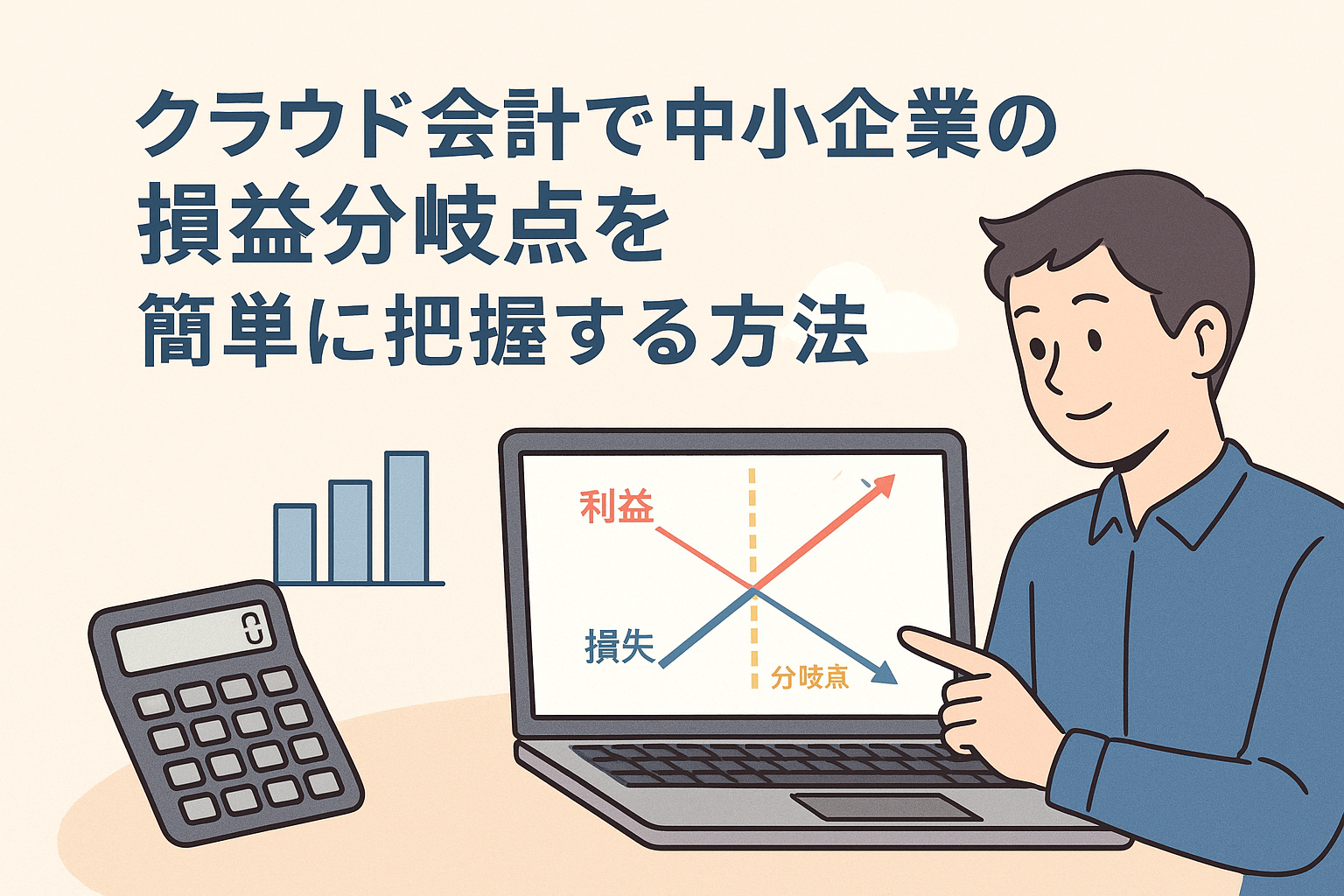 クラウド会計を活用して中小企業が損益分岐点を把握する様子を描いたイラスト。パソコンに分岐点グラフ、電卓、棒グラフを配置し、人物が指差して説明している。
