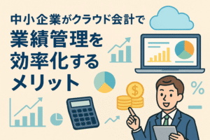 中小企業がクラウド会計を活用して業績管理を効率化するメリットを表現したイラスト。パソコン、グラフ、クラウド、電卓、ビジネスパーソンが登場。