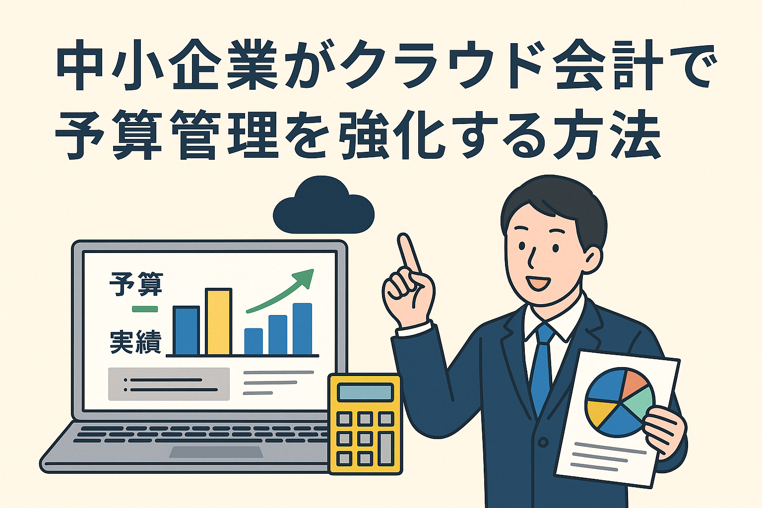 中小企業がクラウド会計を使って予算管理を強化する様子を表現したイラスト。パソコン画面に予算と実績のグラフを表示し、ビジネスパーソンが説明している。