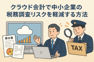 クラウド会計を使って中小企業が税務調査リスクを軽減する様子を表現したイラスト。ノートPCにクラウドとグラフ、領収書、税務署員が描かれている。