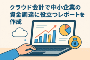 クラウド会計を使って中小企業が資金調達に役立つレポートを作成する様子を表現したイラスト。ノートPCにグラフや円グラフ、資金を示すアイコンを配置。