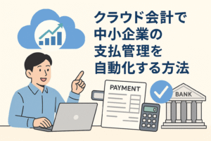 クラウド会計を利用して中小企業の支払管理を自動化する様子を描いたイラスト。ノートPC、請求書、銀行アイコン、クラウドが配置されている。