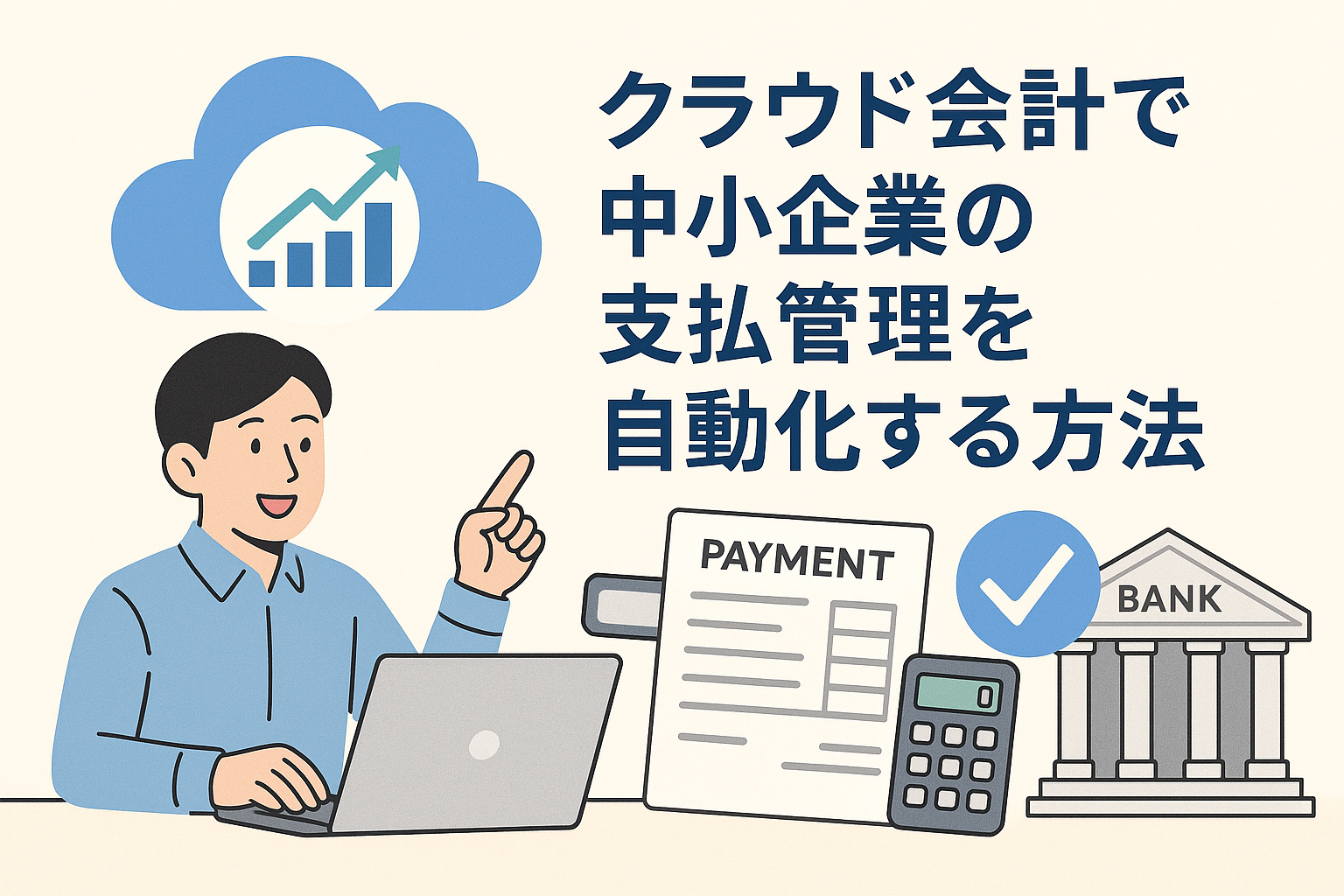 クラウド会計を利用して中小企業の支払管理を自動化する様子を描いたイラスト。ノートPC、請求書、銀行アイコン、クラウドが配置されている。