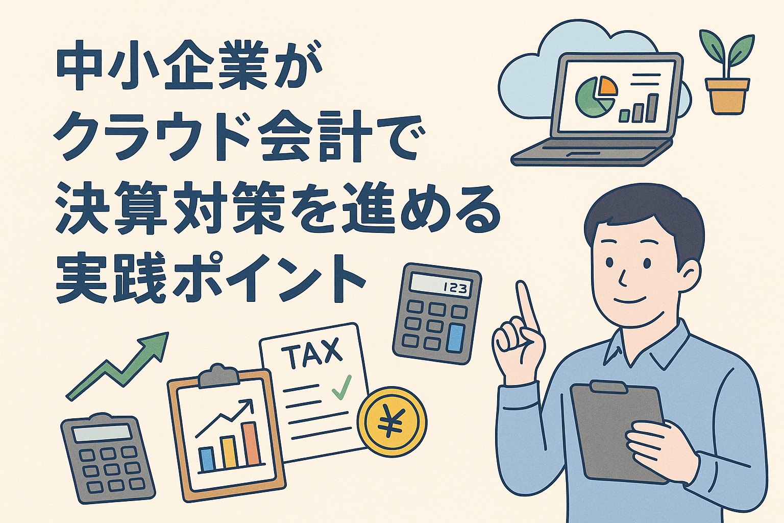 中小企業がクラウド会計を使って決算対策を進める様子を表現したイラスト。ノートPC、電卓、チェックリスト、グラフが描かれている。