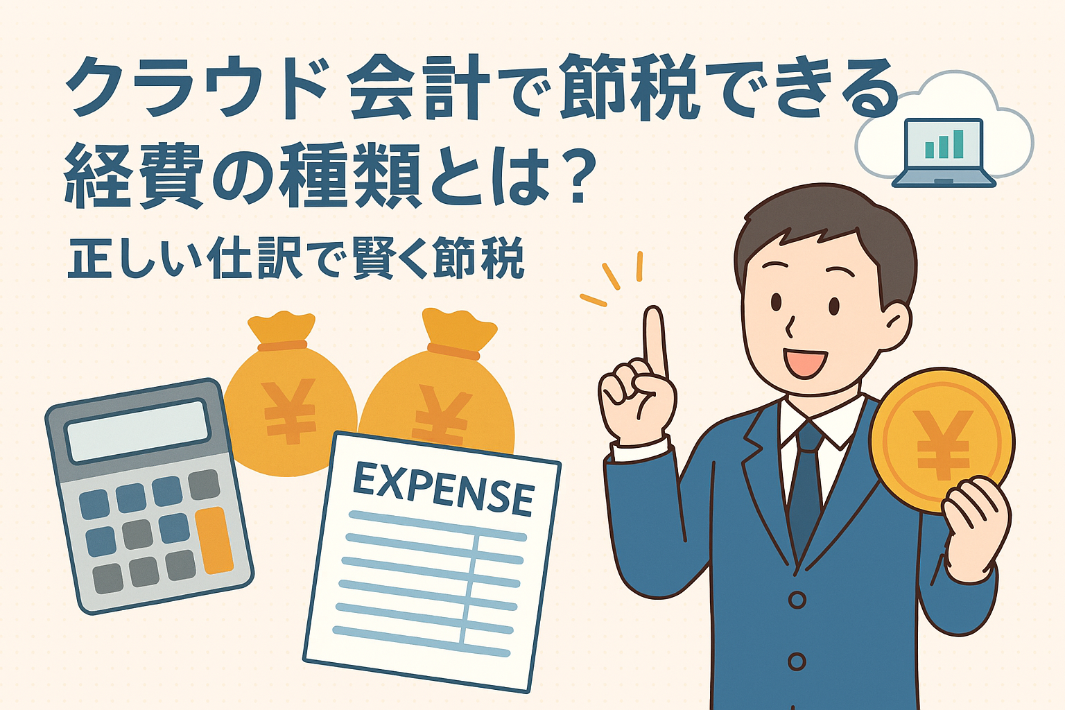 クラウド会計で節税できる経費の種類を紹介する日本語アイキャッチ画像。電卓や帳票、クラウドアイコンと笑顔の男性が描かれている。