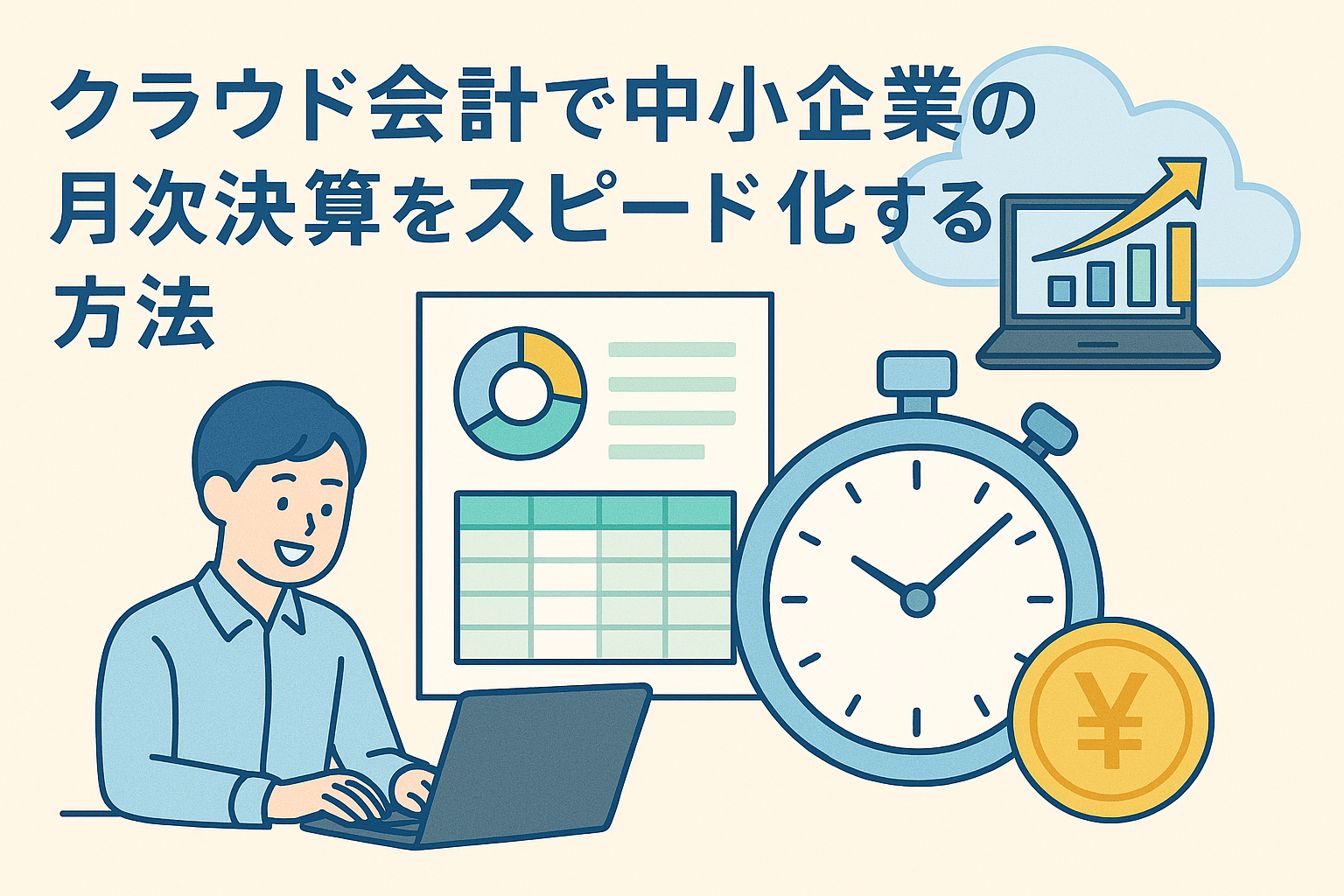 クラウド会計を活用して中小企業の月次決算を効率化する様子を描いたイラスト。クラウド、ノートPC、グラフ、ビジネスパーソン、ストップウォッチなどの要素が親しみやすく表現されている。