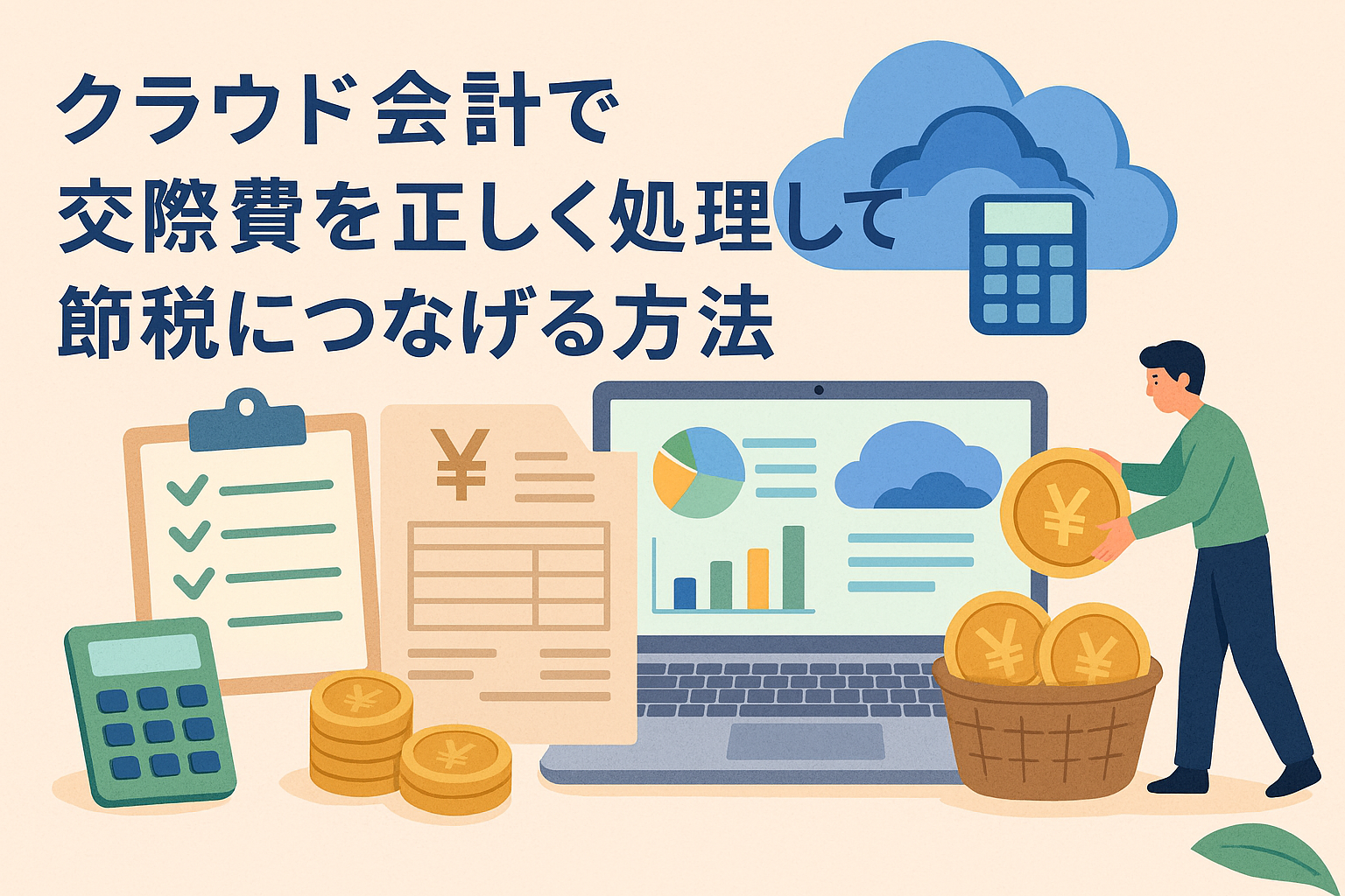 クラウド会計ソフトと交際費の処理をイメージしたイラスト。パソコン画面にグラフや帳票が表示され、男性がコインをバスケットに入れている様子が描かれている。