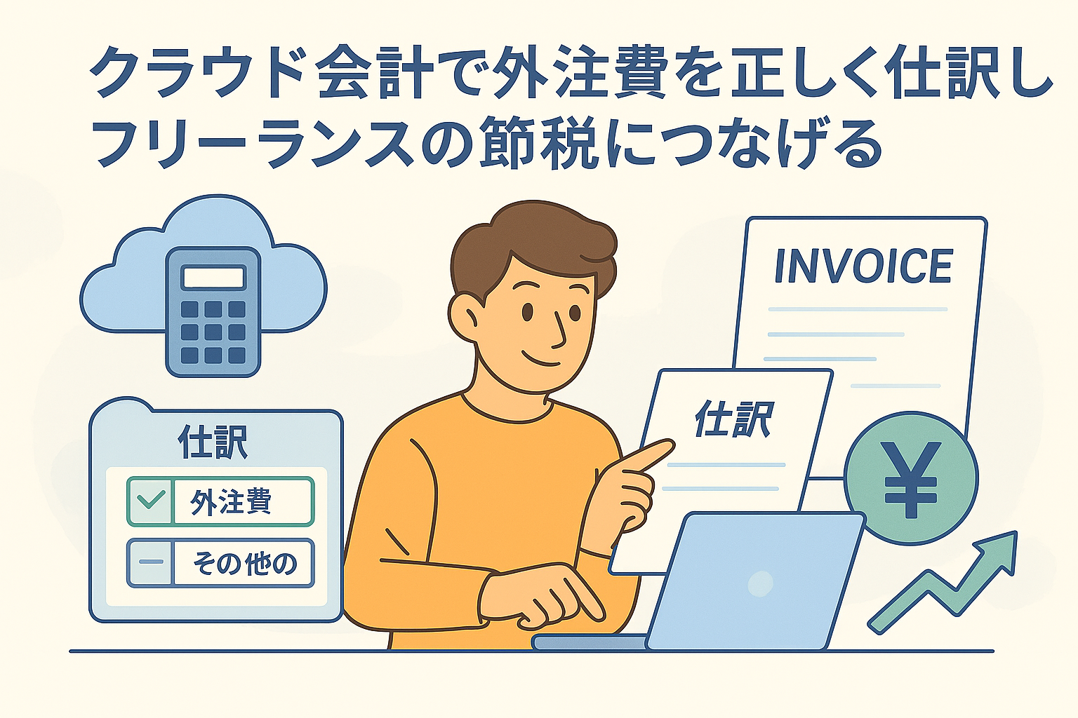 クラウド会計ソフトで外注費を正しく仕訳し、節税につなげるフリーランスのイラスト。クラウド型仕訳画面、請求書、円マーク、上昇する矢印などを親しみやすく精緻に描写。