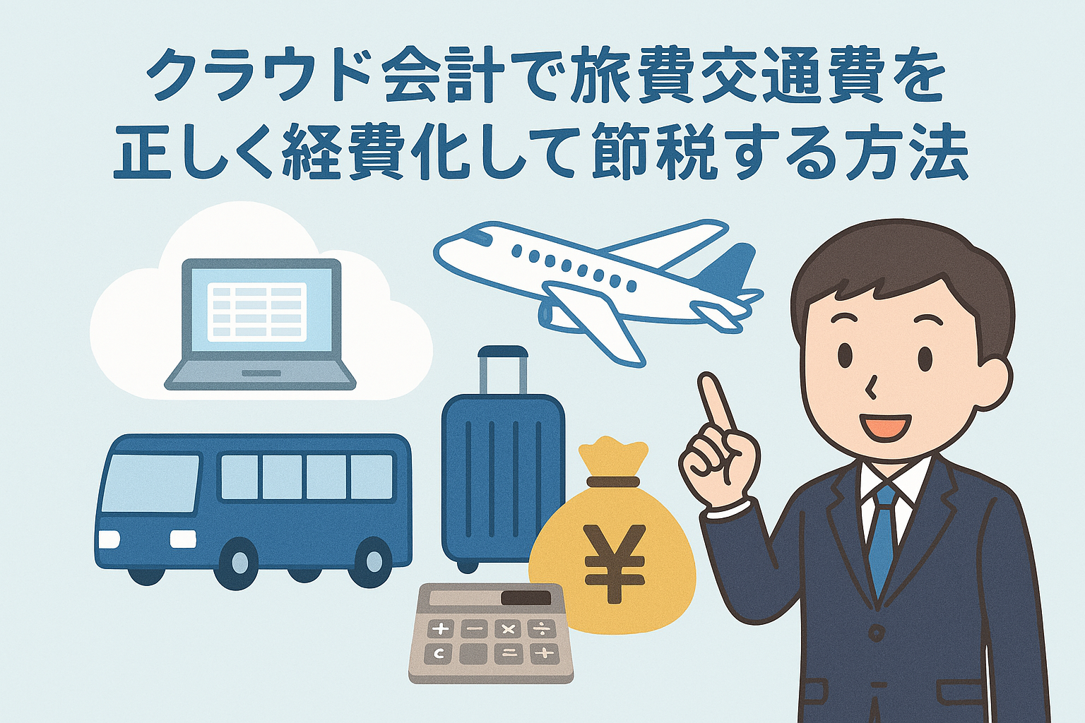 クラウド会計を使って旅費交通費を正しく経費化し、節税する方法を説明する日本語のイラスト。ノートパソコン、飛行機、バス、スーツケース、ビジネスマン、電卓、金袋などが描かれている。