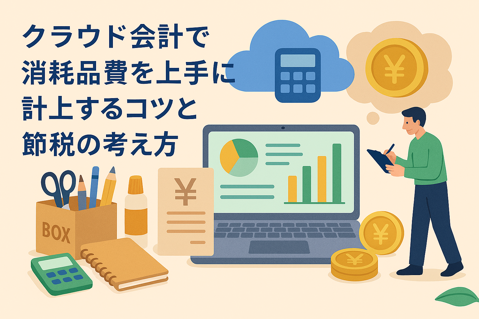 クラウド会計ソフトと消耗品費の管理をイメージしたイラスト。ノートパソコン、文房具、クラウドアイコン、電卓、グラフ、そして節税を連想させる円形のコインが描かれている。
