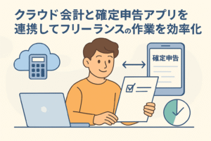 クラウド会計と確定申告アプリを連携して作業効率を高めるフリーランスのイラスト。クラウド型電卓とスマホアプリが同期する様子を描写し、親しみやすく精緻なデザイン。