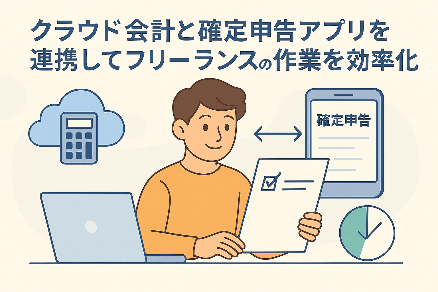クラウド会計と確定申告アプリを連携して作業効率を高めるフリーランスのイラスト。クラウド型電卓とスマホアプリが同期する様子を描写し、親しみやすく精緻なデザイン。