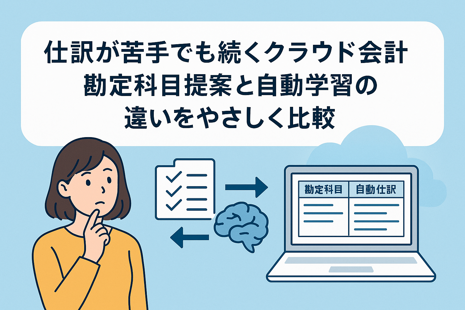 仕訳が苦手な人でも続けられるクラウド会計について、勘定科目提案と自動学習の違いをやさしく比較しているイメージイラスト