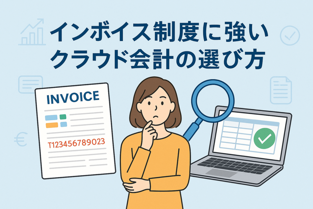 インボイス制度に対応したクラウド会計の選び方について、請求書と会計管理の流れを分かりやすく表現したイメージイラスト