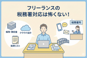 「フリーランスの税務署対応は怖くない！」という見出しとともに、整理された書類やノートパソコンを前に、笑顔で自信を持って問い合わせの準備をしているフリーランスのイラスト。清潔感のある薄いブルーとベージュを基調とした親しみやすいデザイン。