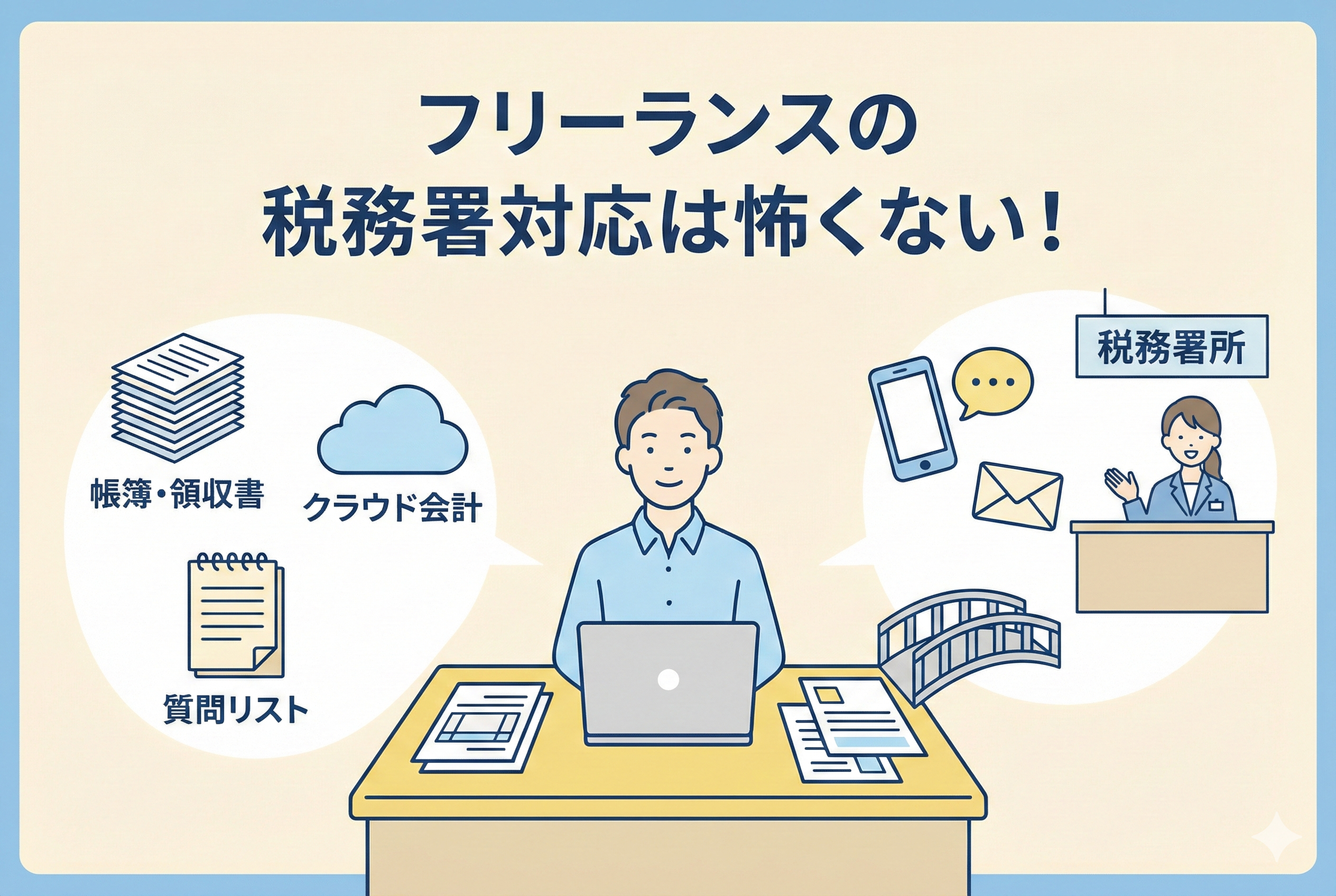 「フリーランスの税務署対応は怖くない！」という見出しとともに、整理された書類やノートパソコンを前に、笑顔で自信を持って問い合わせの準備をしているフリーランスのイラスト。清潔感のある薄いブルーとベージュを基調とした親しみやすいデザイン。