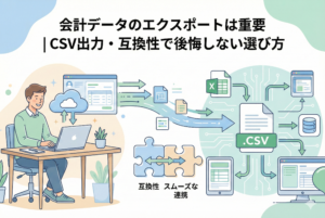 クラウド会計ソフトからCSVデータがスムーズにエクスポートされ、他のシステムと連携しているイラスト。「会計データのエクスポートは重要｜CSV出力・互換性で後悔しない選び方」というタイトルが記載されています。
