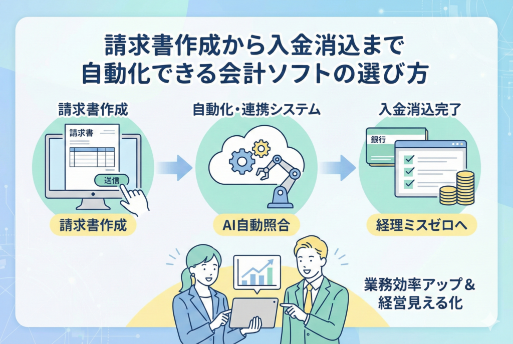請求書の発行から銀行振込の入金消込までが自動化される流れを描いたアイキャッチ画像。経理業務の効率化とミスの削減をイメージした清潔感のあるデザイン。