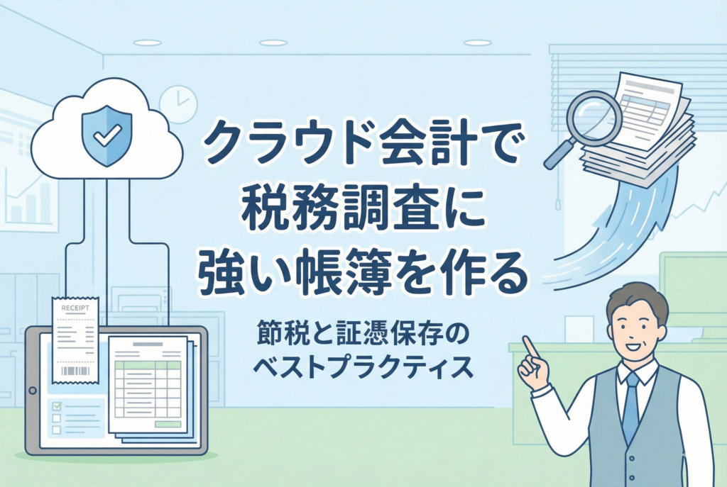 「クラウド会計で税務調査に強い帳簿を作る」というタイトル文字が入った、税理士または経理担当者の男性が指差しで説明しているイラスト。クラウドシステムとセキュリティ（盾マーク）、デジタル化された領収書、そして虫眼鏡でチェックされる紙の書類が描かれ、安全で正確な帳簿管理の重要性を表現している。