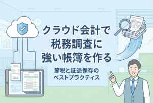 「クラウド会計で税務調査に強い帳簿を作る」というタイトル文字が入った、税理士または経理担当者の男性が指差しで説明しているイラスト。クラウドシステムとセキュリティ（盾マーク）、デジタル化された領収書、そして虫眼鏡でチェックされる紙の書類が描かれ、安全で正確な帳簿管理の重要性を表現している。