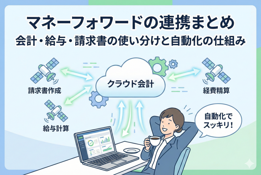 マネーフォワードの会計、給与、請求書、経費精算システムがクラウドで連携し、業務が自動化されてリラックスしているビジネスマンのイラスト。