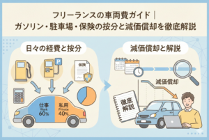 「フリーランスの車両費ガイド｜ガソリン・駐車場・保険の按分と減価償却を徹底解説」が入ったアイキャッチ画像。左側では、車が仕事用（60%）と私用（40%）に色分けされ、ガソリン代、駐車場代、保険料が按分計算される様子を円グラフと電卓で示している。右側では、カレンダーとグラフで時間の経過とともに車の価値が下がる「減価償却」の仕組みを、虫眼鏡で詳しく解説する様子が図解されている。