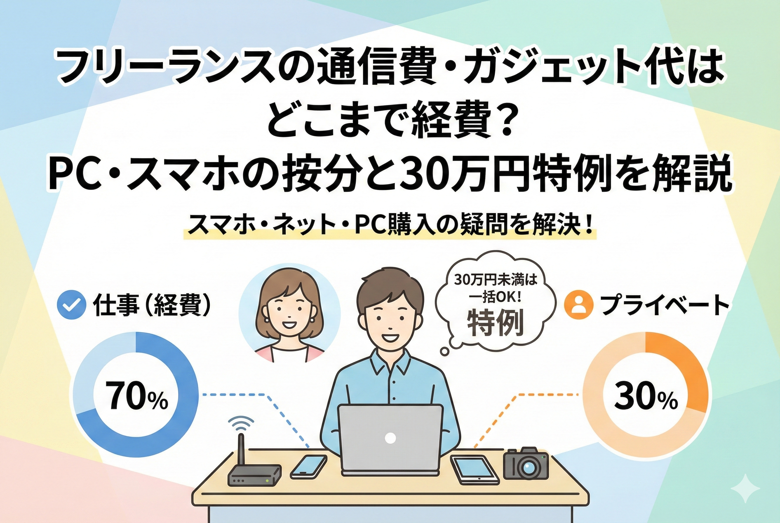 記事タイトル「フリーランスの通信費・ガジェット代はどこまで経費?PC・スマホの按分と30万円特例を解説」が入ったアイキャッチ画像。デスクに向かう男女のイラストを中心に、仕事(経費)とプライベートの按分割合を示す円グラフや、「30万円未満は一括OK! 特例」と書かれた吹き出しがあり、デジタル機器の経費計上ルールを親しみやすく図解している。
