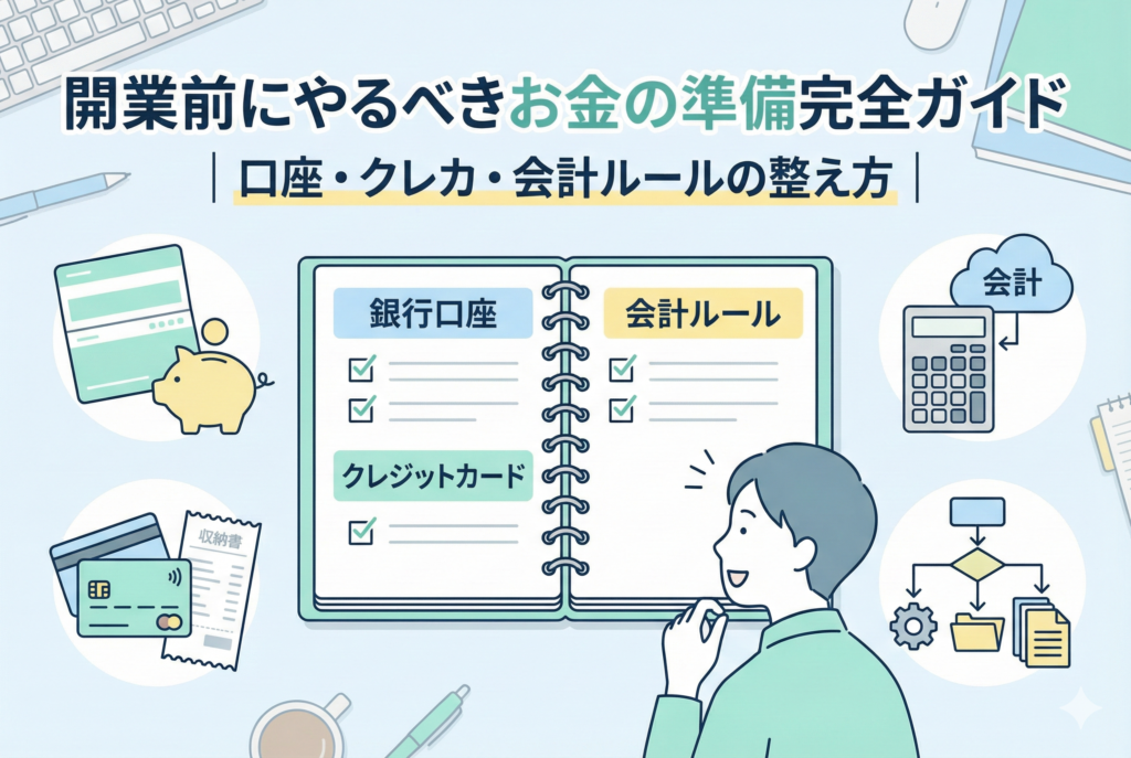 開業準備を進めるフリーランスが、ノートパソコンや銀行通帳、クレジットカードを確認しながら、お金の管理ルールを整えている親しみやすいイラスト。